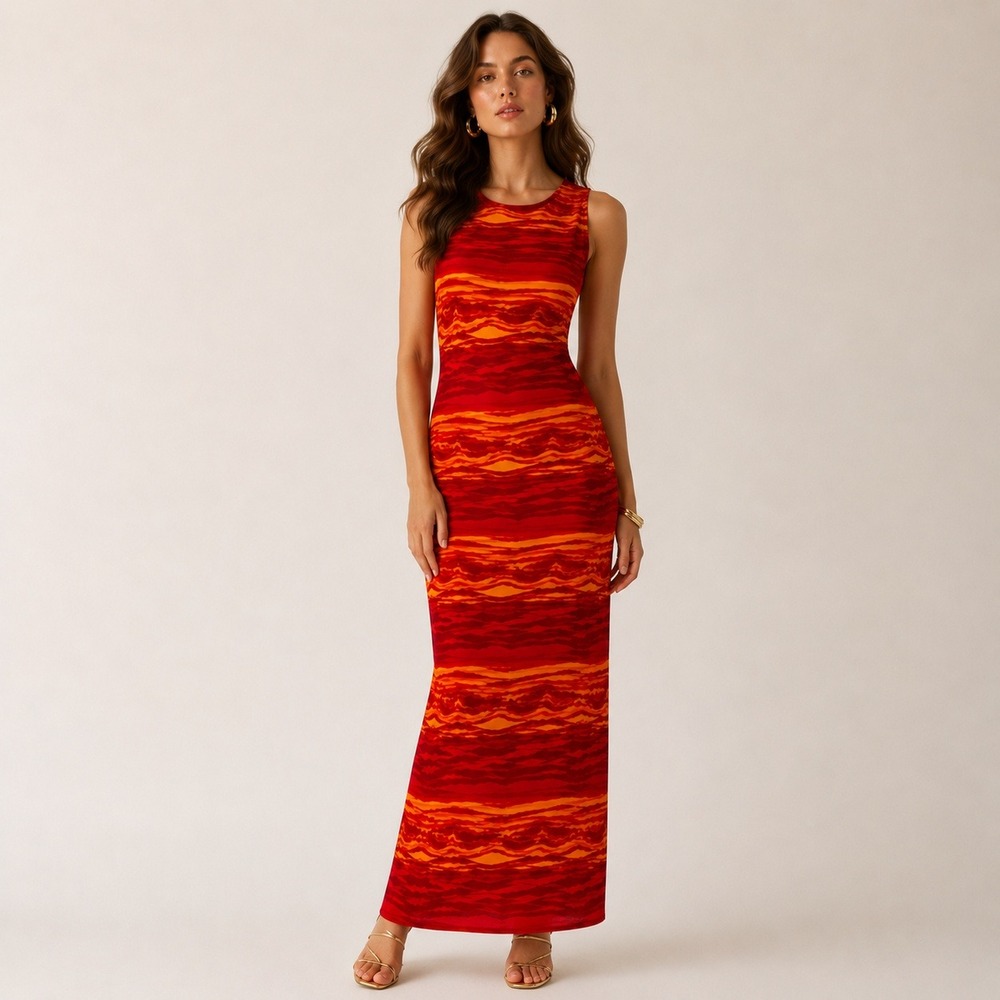 Spencer Jeremy Vintage 90s Silk Maxi Dress‎ 4 Red Orange Wedding Guest Abstract